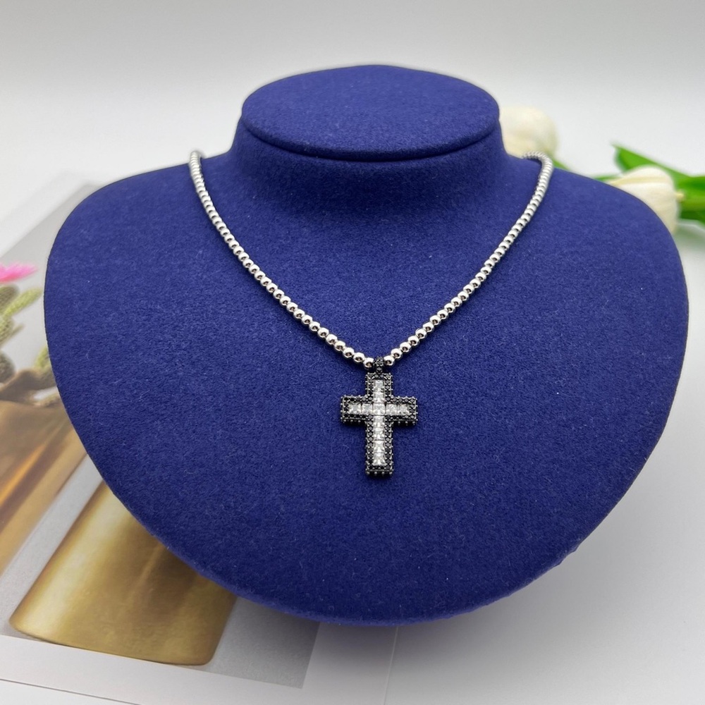 APM Monaco Pave Black Cross Adjustable Silver Bead Necklace - Black